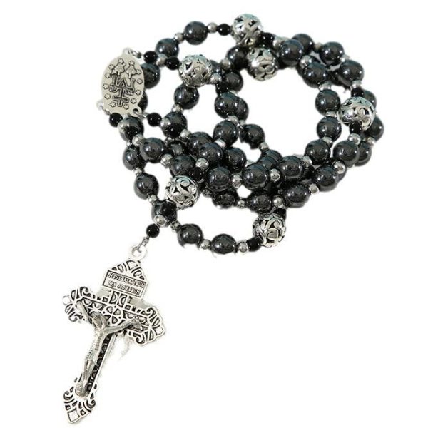 Miraculous Medal & Crucifix of 8 mm Round Black Gallstone Nylon Cord Rosary