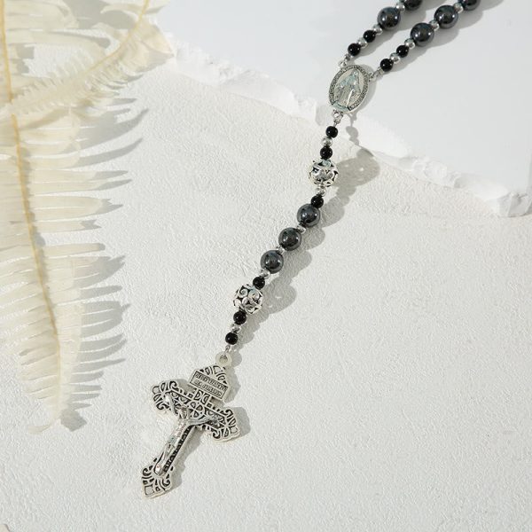 Miraculous Medal & Crucifix of 8 mm Round Black Gallstone Nylon Cord Rosary