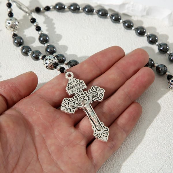 Miraculous Medal & Crucifix of 8 mm Round Black Gallstone Nylon Cord Rosary