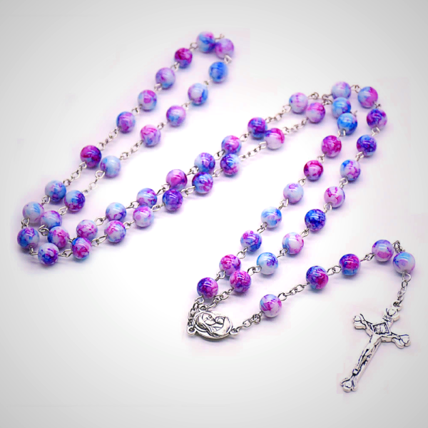 Madonna and Child & Crucifix of 6 mm Round Purple Glass Alloy Chain Rosary