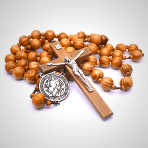 St. Benedict Medal & Crucifix of 15 mm Round Brown Wood Nylon Cord Wall Hanging Rosary