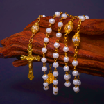 ChristianartworkshopSt. Benedict Medal & Crucifix of 6 mm Round White Pearl Alloy Chain Rosary