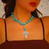 Retro Style Turquoise Natural Stone Cross Pendant Necklace