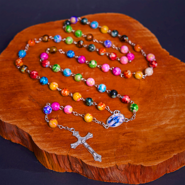 Assumption of Our Lady & Crucifix of 8 mm Round Multicolor Acrylic Alloy Chain Rosary
