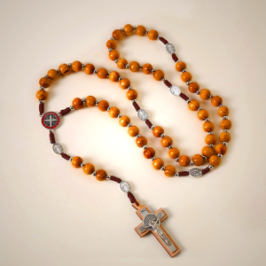 Miraculous Medal & St. Benedict Medal & Crucifix of 10 mm Round Brown Wood Nylon Cord Rosary