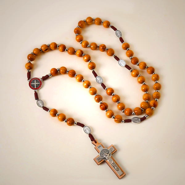 Miraculous Medal & St. Benedict Medal & Crucifix of 10 mm Round Brown Wood Nylon Cord Rosary
