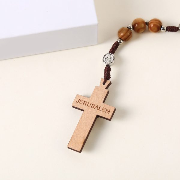 Miraculous Medal & St. Benedict Medal & Crucifix of 10 mm Round Brown Wood Nylon Cord Rosary