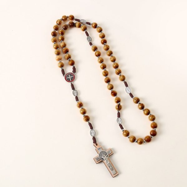 Miraculous Medal & St. Benedict Medal & Crucifix of 10 mm Round Brown Wood Nylon Cord Rosary