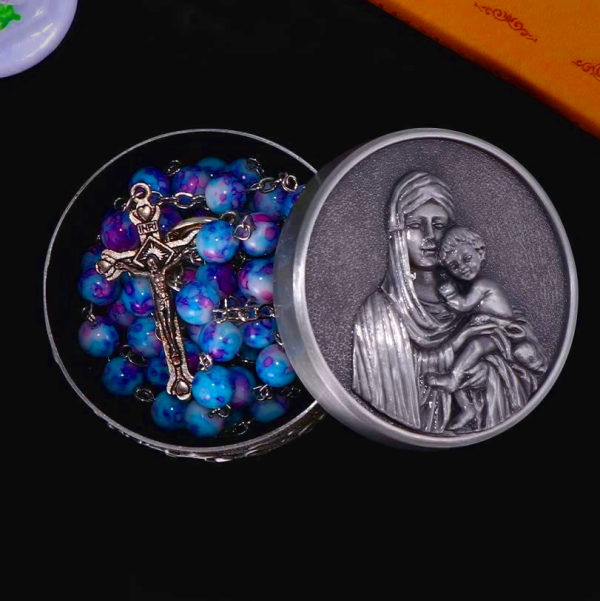 Madonna and Child & Crucifix of 8 mm Round Multicolor Acrylic Alloy Chain Rosary