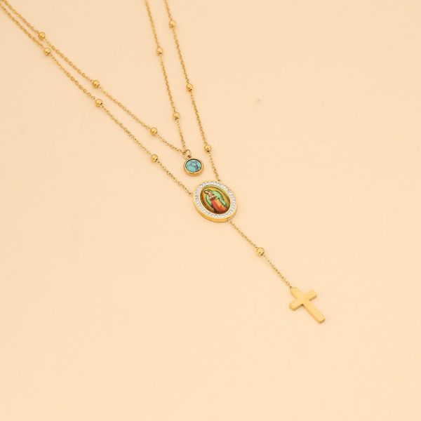 Minimalist Style Double Layered Our Lady of Guadalupe Turquoise Cross Necklace