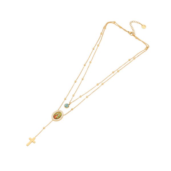 Minimalist Style Double Layered Our Lady of Guadalupe Turquoise Cross Necklace