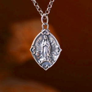 Retro Style Crafted Our Lady of Guadalupe Sterling Silver Pendant Necklace