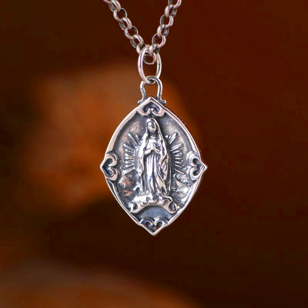 Retro Style Crafted Our Lady of Guadalupe Sterling Silver Pendant Necklace