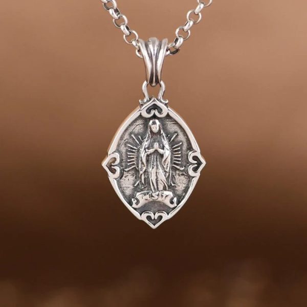 Retro Style Crafted Our Lady of Guadalupe Sterling Silver Pendant Necklace
