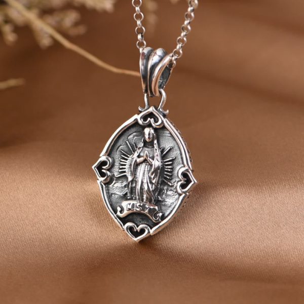 Retro Style Crafted Our Lady of Guadalupe Sterling Silver Pendant Necklace