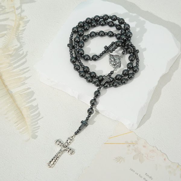 Holy Family & Crucifix of 8 mm Round Black Gallstone Nylon Cord Rosary