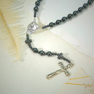 Holy Family & Crucifix of 8 mm Round Black Gallstone Nylon Cord Rosary