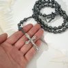 Holy Family & Crucifix of 8 mm Round Black Gallstone Nylon Cord Rosary