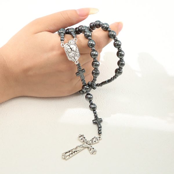 Holy Family & Crucifix of 8 mm Round Black Gallstone Nylon Cord Rosary