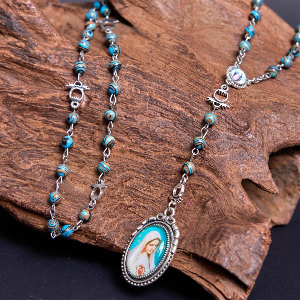 Miraculous Medal & Crucifix of 6 mm Round Green Malachite Alloy Chain Rosary