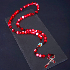 Immaculate Heart of Mary & Crucifix of 10 mm Round Red Acrylic Nylon Cord Rosary