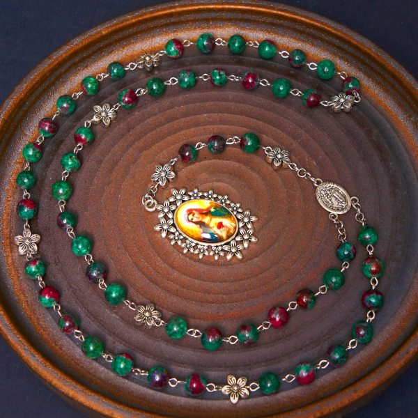 Our Lady of Fátima & Immaculate Heart of Mary of 8 mm Round Green Natural Stone Alloy Chain Rosary