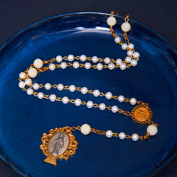St. Benedict Medal & Miraculous Medal of 6*10 mm Round White Pearl Alloy Chain Rosary
