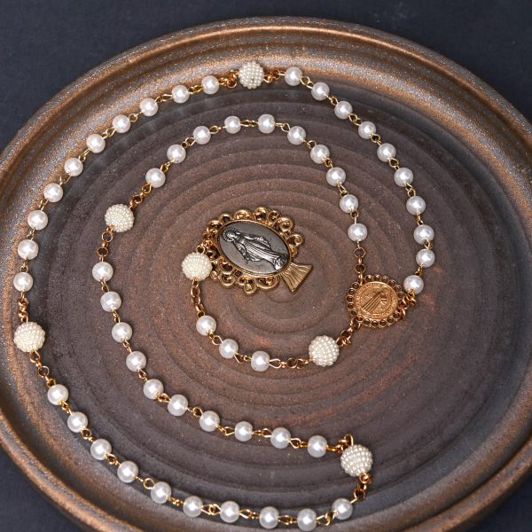 St. Benedict Medal & Miraculous Medal of 6*10 mm Round White Pearl Alloy Chain Rosary