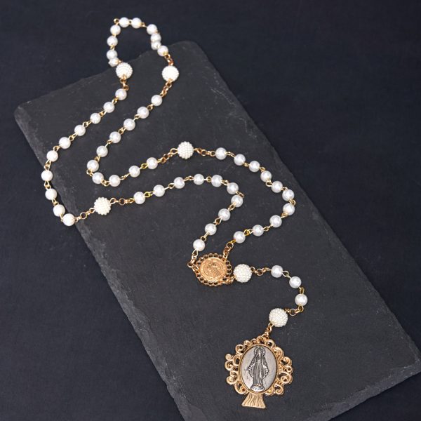St. Benedict Medal & Miraculous Medal of 6*10 mm Round White Pearl Alloy Chain Rosary