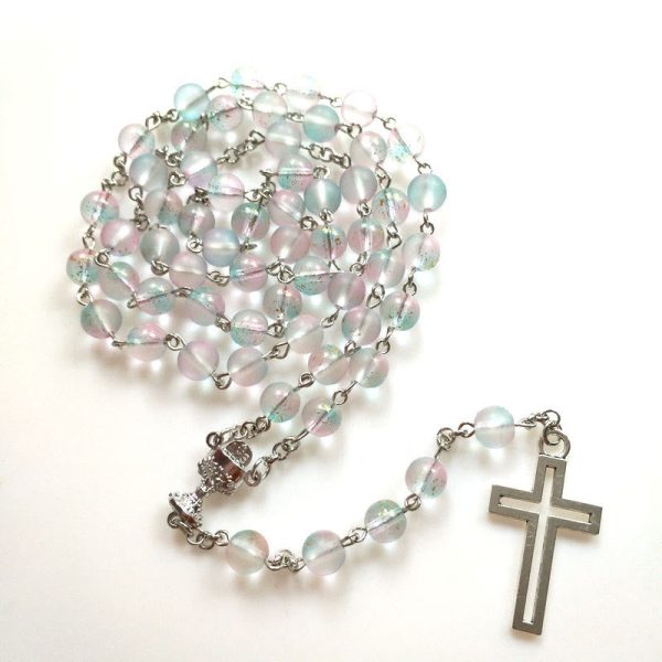 Holy Grail & Cross of 8 mm Round Multicolor Glass Alloy Chain Rosary