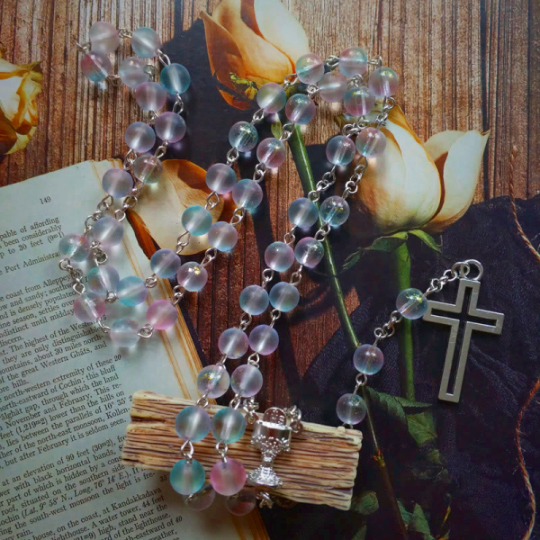 Holy Grail & Cross of 8 mm Round Multicolor Glass Alloy Chain Rosary