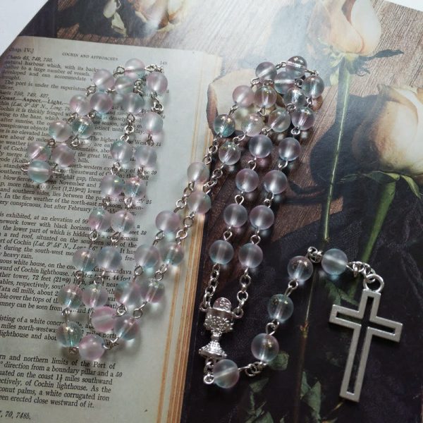 Holy Grail & Cross of 8 mm Round Multicolor Glass Alloy Chain Rosary