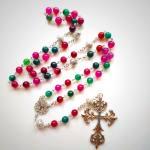 St. Benedict Medal & Cross of 8 mm Round Multicolor Natural Tourmaline Agate Alloy Chain Rosary