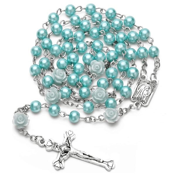 Christianartworkshop Madonna in Profile & Crucifix of 6 mm Rose Round Multicolor Pearl Alloy Chain Rosary(8 colors)