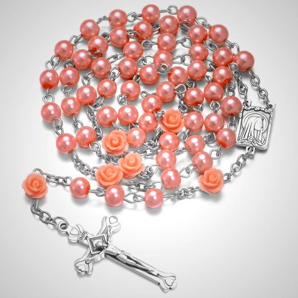 Madonna in Profile & Crucifix of 6 mm Rose Round Multicolor Pearl Alloy Chain Rosary(8 colors)