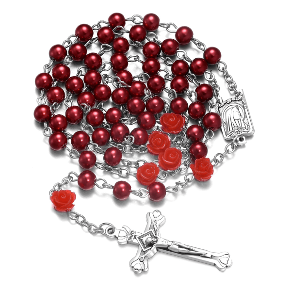 Christianartworkshop Madonna in Profile & Crucifix of 6 mm Rose Round Multicolor Pearl Alloy Chain Rosary(8 colors)