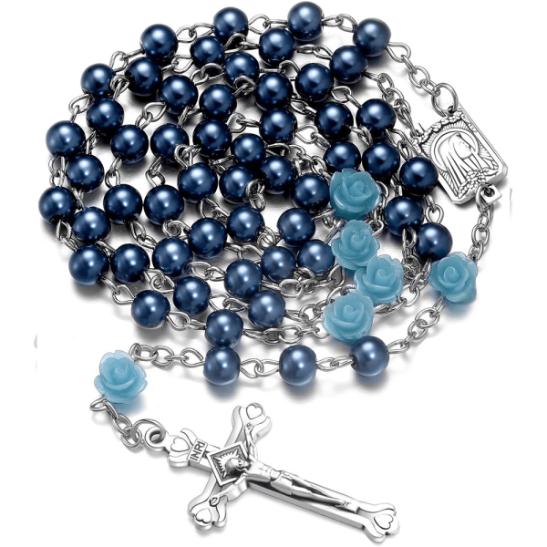 Christianartworkshop Madonna in Profile & Crucifix of 6 mm Rose Round Multicolor Pearl Alloy Chain Rosary(8 colors)