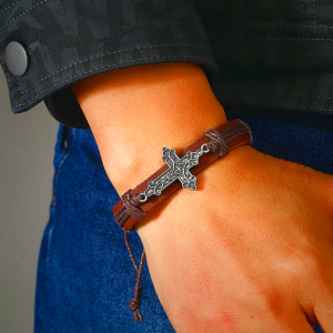 Old Crafted Style Cross Pendant Leather Drawstring Adjustable Faithful Bound Bracelet