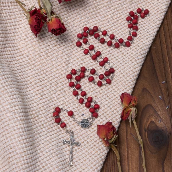 Jerusalem Medal & Crucifix of 7 mm Round White Rosewood Alloy Chain Rosary