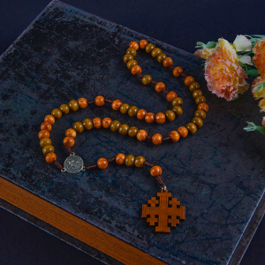 St. Benedict Medal & Jerusalem of 10 mm Round Brown Wood Nylon Cord Rosary