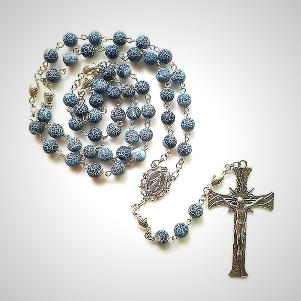 Miraculous Medal & Crucifix of 8 mm Round Blue Weathered Agate Alloy Chain Rosary