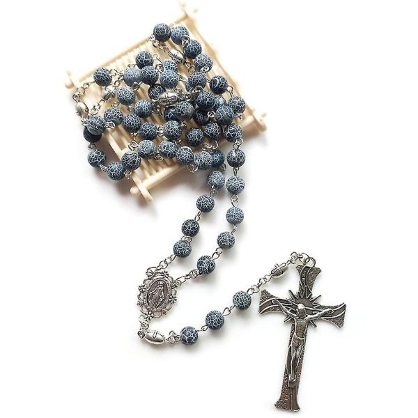 Miraculous Medal & Crucifix of 8 mm Round Blue Weathered Agate Alloy Chain Rosary