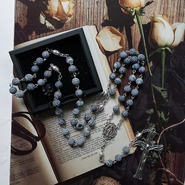 Miraculous Medal & Crucifix of 8 mm Round Blue Weathered Agate Alloy Chain Rosary