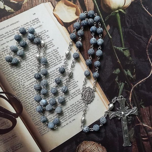 Miraculous Medal & Crucifix of 8 mm Round Blue Weathered Agate Alloy Chain Rosary