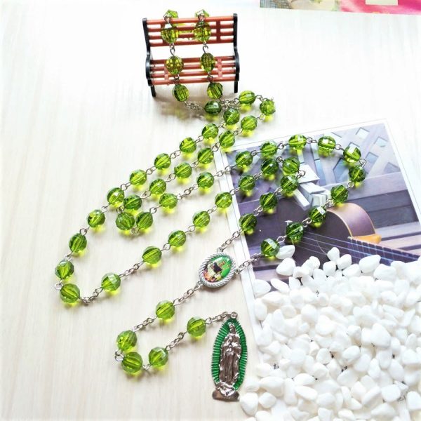 Saint Jude Thaddeus & Our Lady of Guadalupe of 8 mm Polyhedron Green Crystal Alloy Chain Rosary