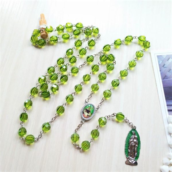 Saint Jude Thaddeus & Our Lady of Guadalupe of 8 mm Polyhedron Green Crystal Alloy Chain Rosary