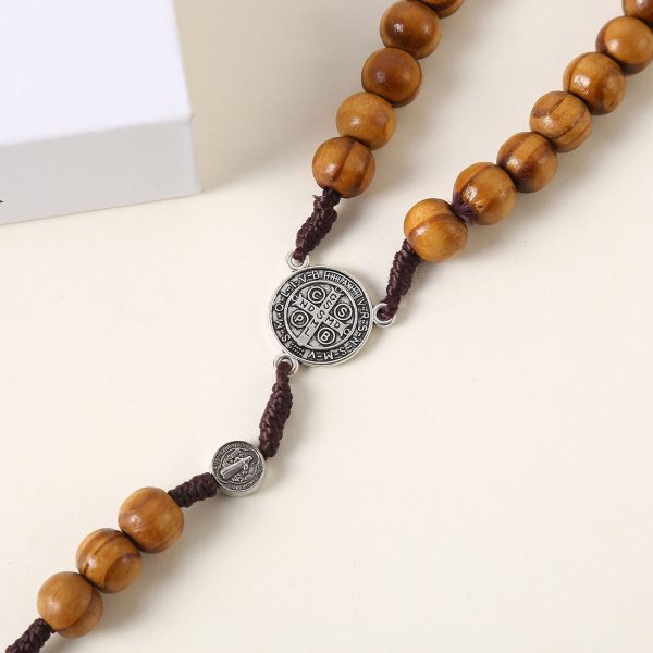St. Benedict Medal & Pardon Crucifix of 10 mm Round Brown Wood Nylon Cord Rosary