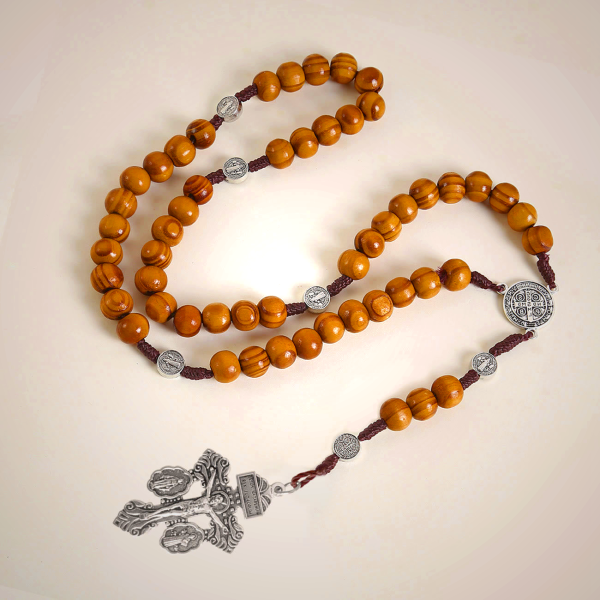 St. Benedict Medal & Pardon Crucifix of 10 mm Round Brown Wood Nylon Cord Rosary