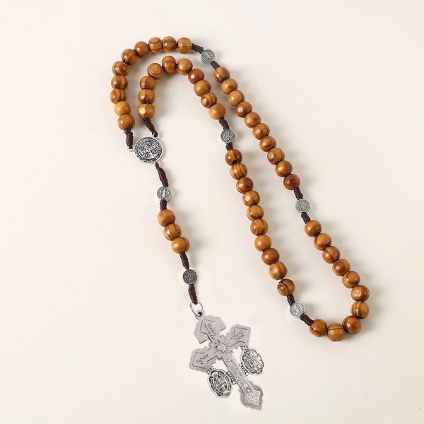 St. Benedict Medal & Pardon Crucifix of 10 mm Round Brown Wood Nylon Cord Rosary