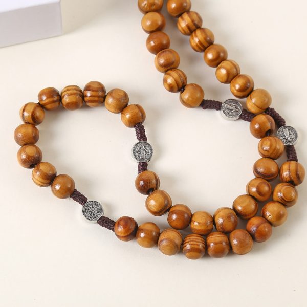 St. Benedict Medal & Pardon Crucifix of 10 mm Round Brown Wood Nylon Cord Rosary